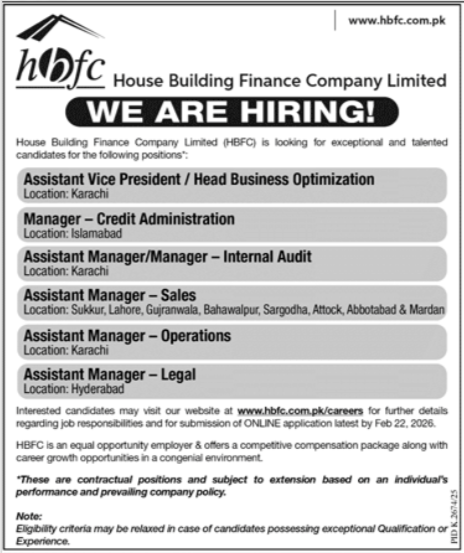 Latest HBFCL Government Job Openings 2026 – Multiple Management Positions in Karachi