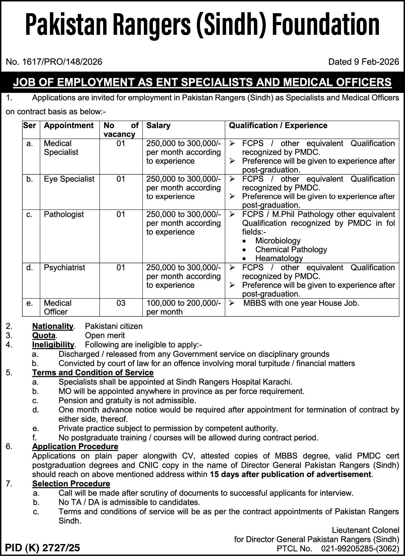 Latest Medical & Management Jobs in Pakistan Rangers Sindh Foundation Karachi 2026 – Apply Now