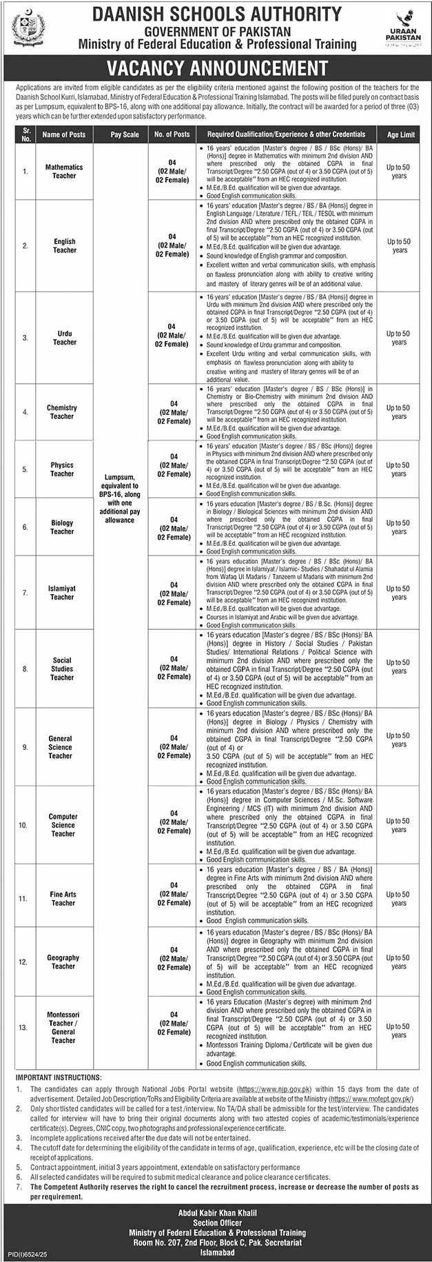 Latest Teaching Jobs in Ministry of Federal Education Islamabad 2026 – Apply Online