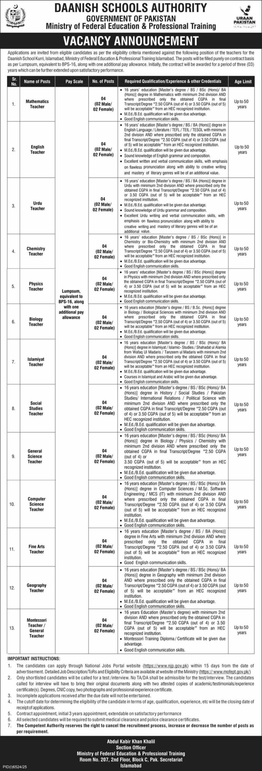 Latest MOENT Teaching Jobs in Islamabad 2026 – Apply for Federal Education Department Vacancies