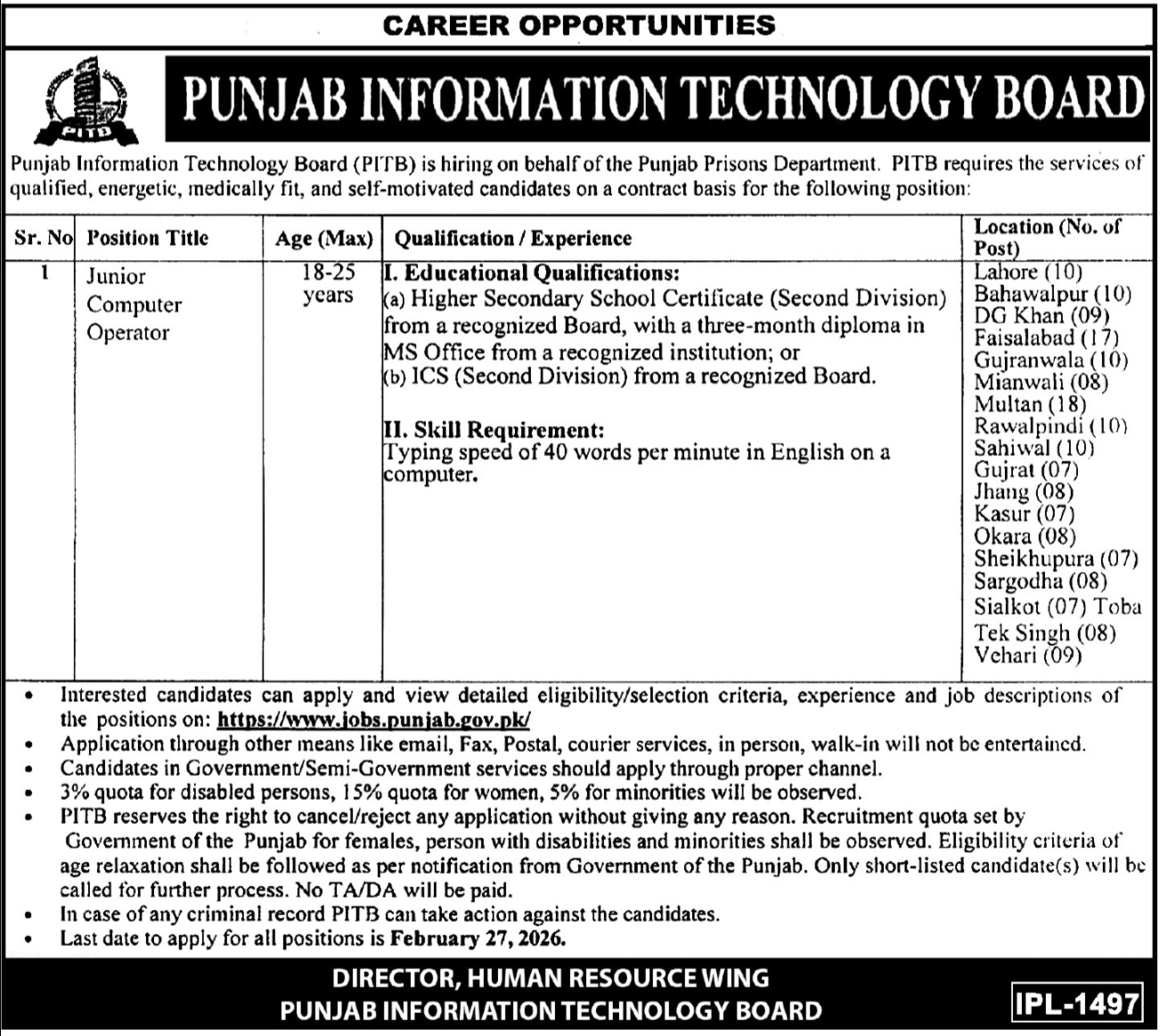 Latest PITB Computer Operator Jobs in Lahore 2026 – Apply Online for Government IT Vacancies