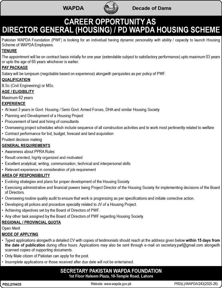 WAPDA Jobs in Lahore 2026 – Director General & Housing Director Posts | Apply Before 26 February
