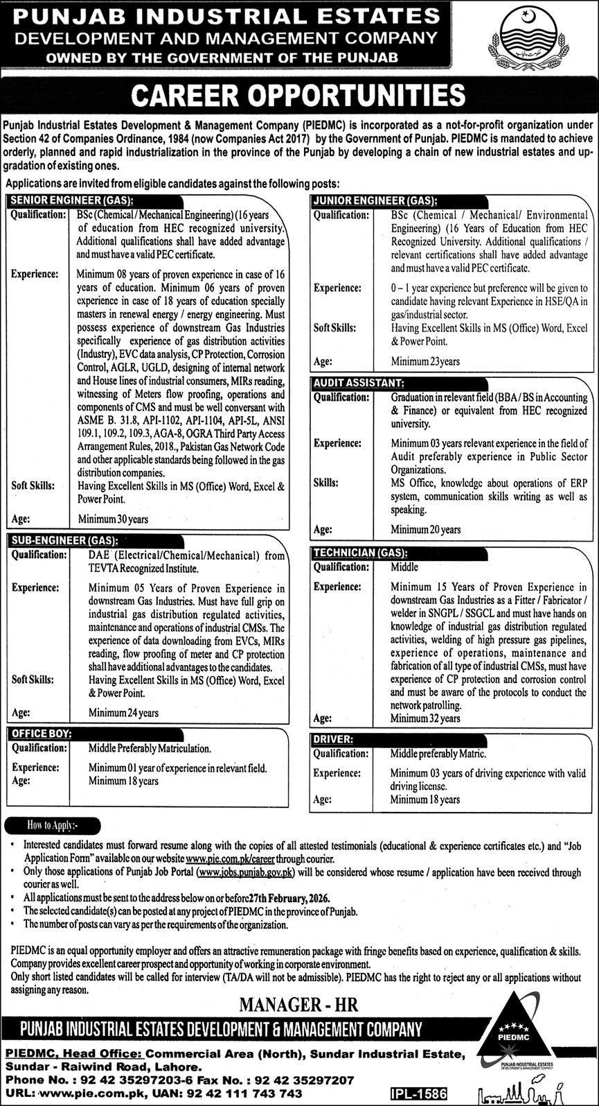  Latest Management & Engineering Jobs in Lahore 2026 – Apply for PIEDMC Vacancies at Sundar Estate