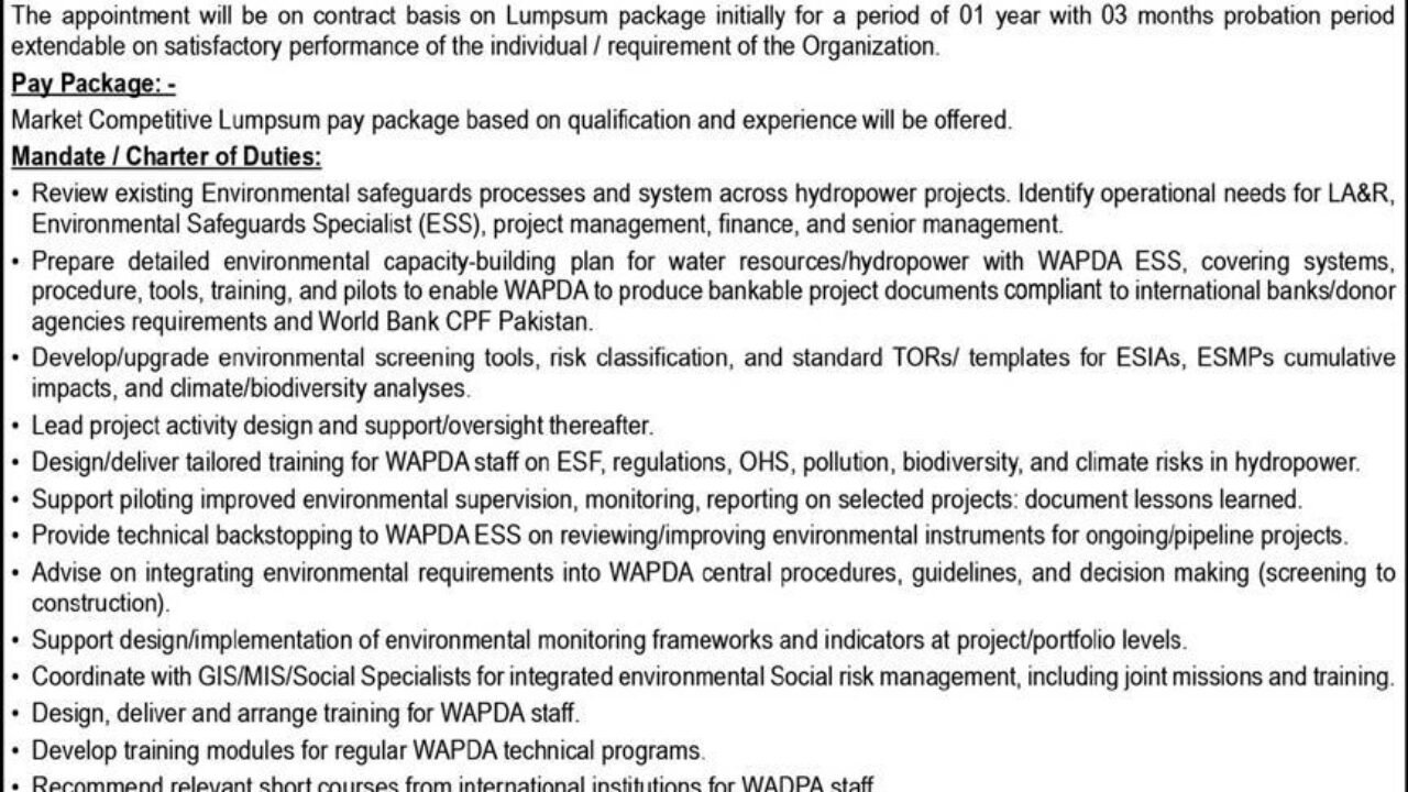  Latest WAPDA Management Jobs in Lahore 2026 – Apply for Environmental Safeguards Specialist Position