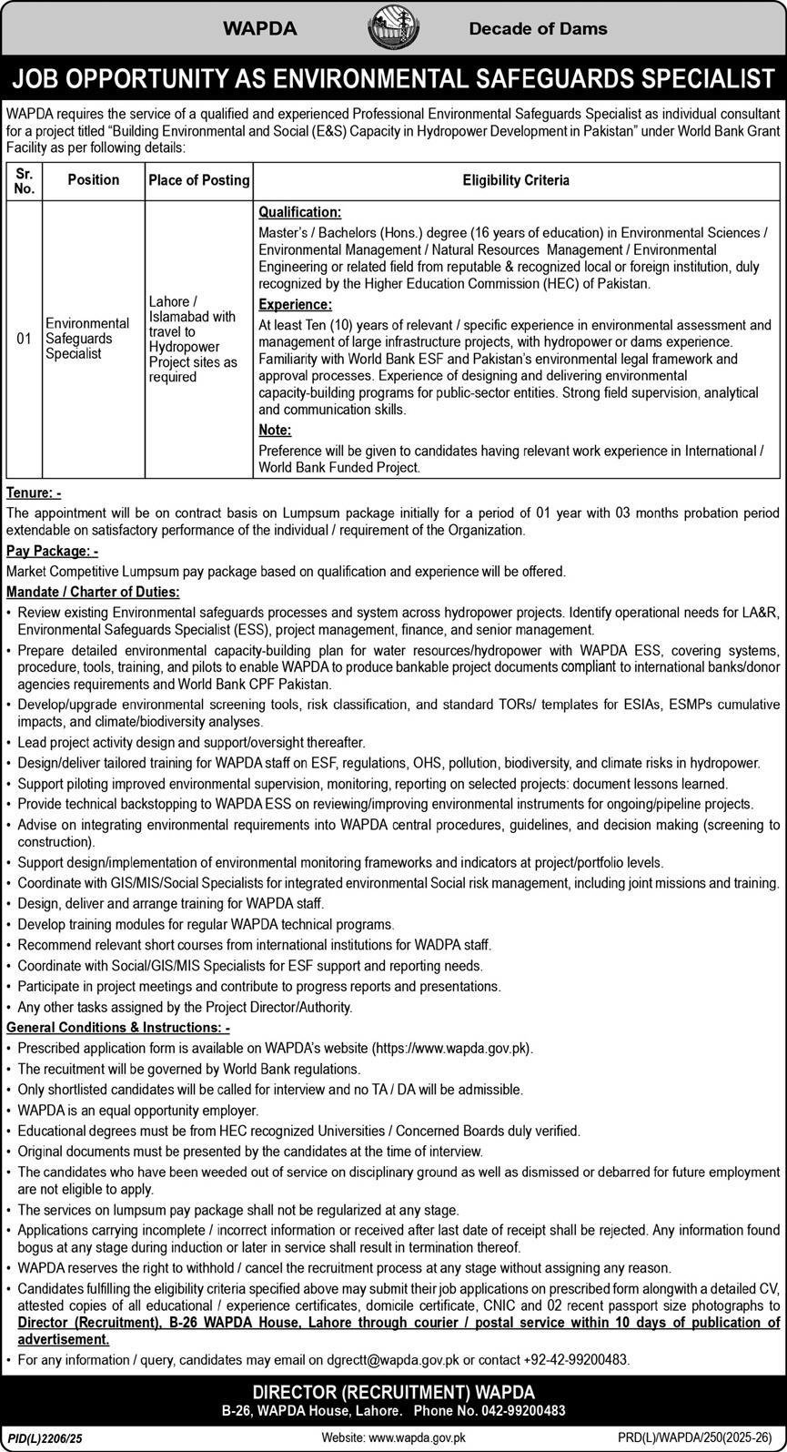  Latest WAPDA Management Jobs in Lahore 2026 – Apply for Environmental Safeguards Specialist Position