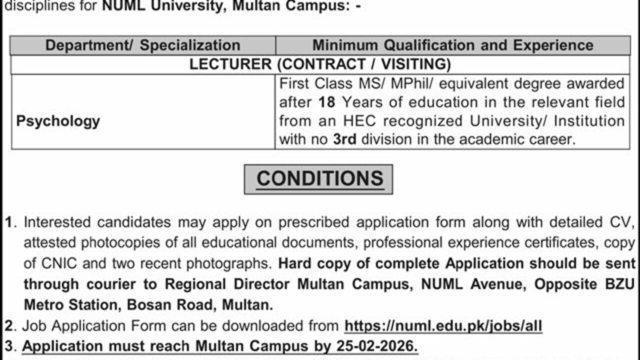 NUML Lecturer Jobs in Multan 2026 – Teaching & Psychology Faculty Recruitment