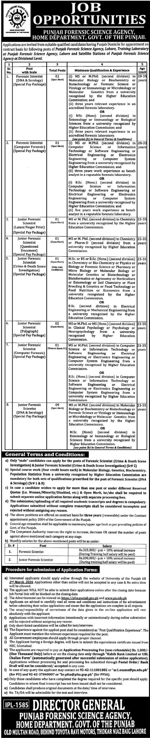 Punjab Forensic Science Agency Jobs in Lahore 2026 – Forensic Scientist Recruitment