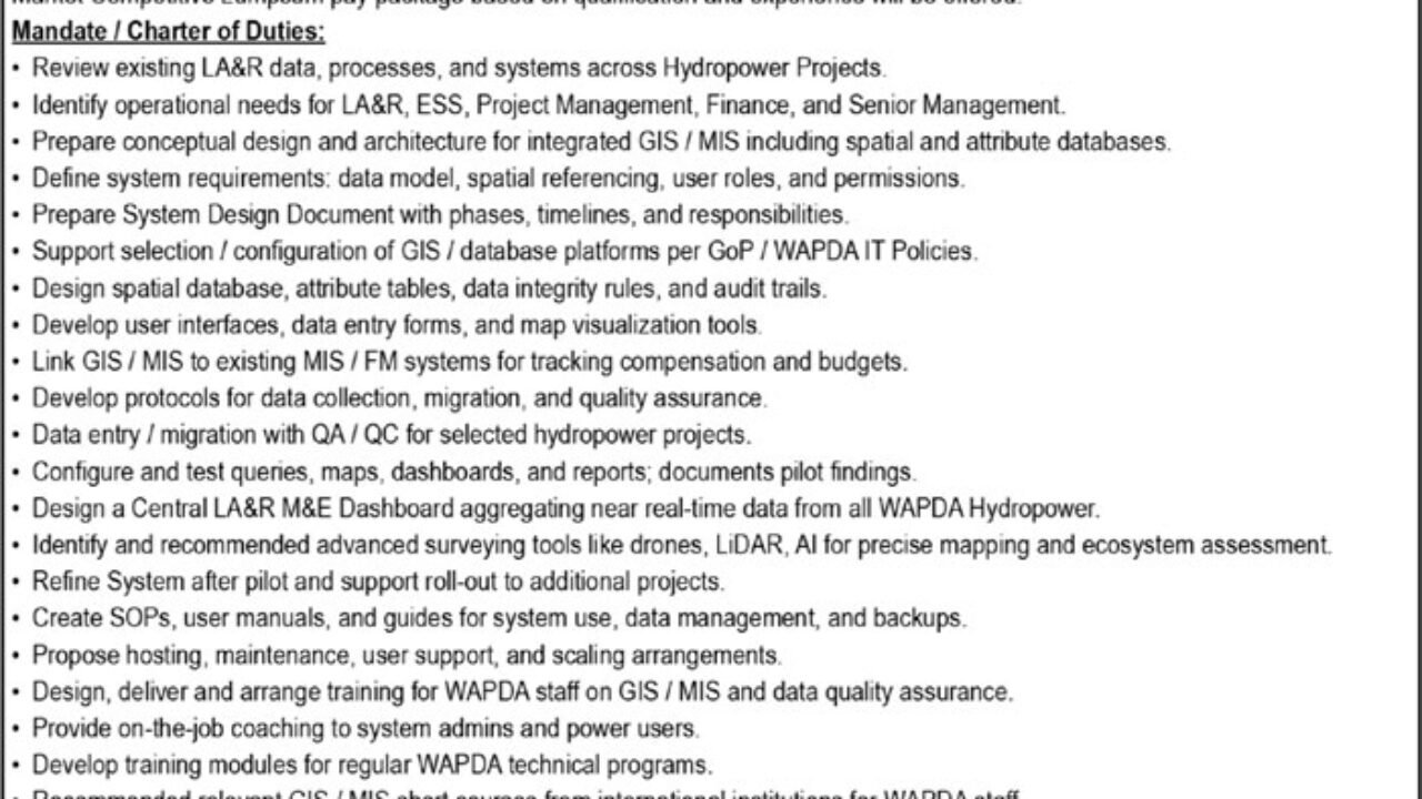 WAPDA Management Jobs in Lahore 2026 (GIS & MIS Specialists)