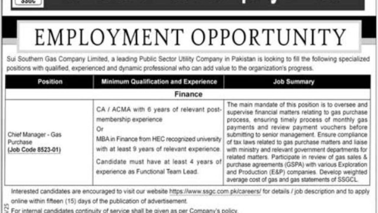 SSGC Management Jobs 2026 in Karachi – Chief Manager Gas Purchase & Management Positions