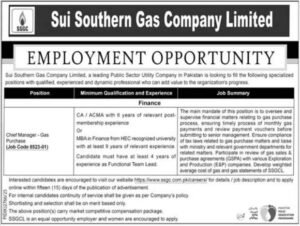 SSGC Management Jobs 2026 in Karachi – Chief Manager Gas Purchase & Management Positions