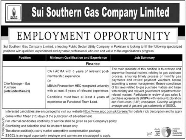 SSGC Management Jobs 2026 in Karachi – Chief Manager Gas Purchase & Management Positions