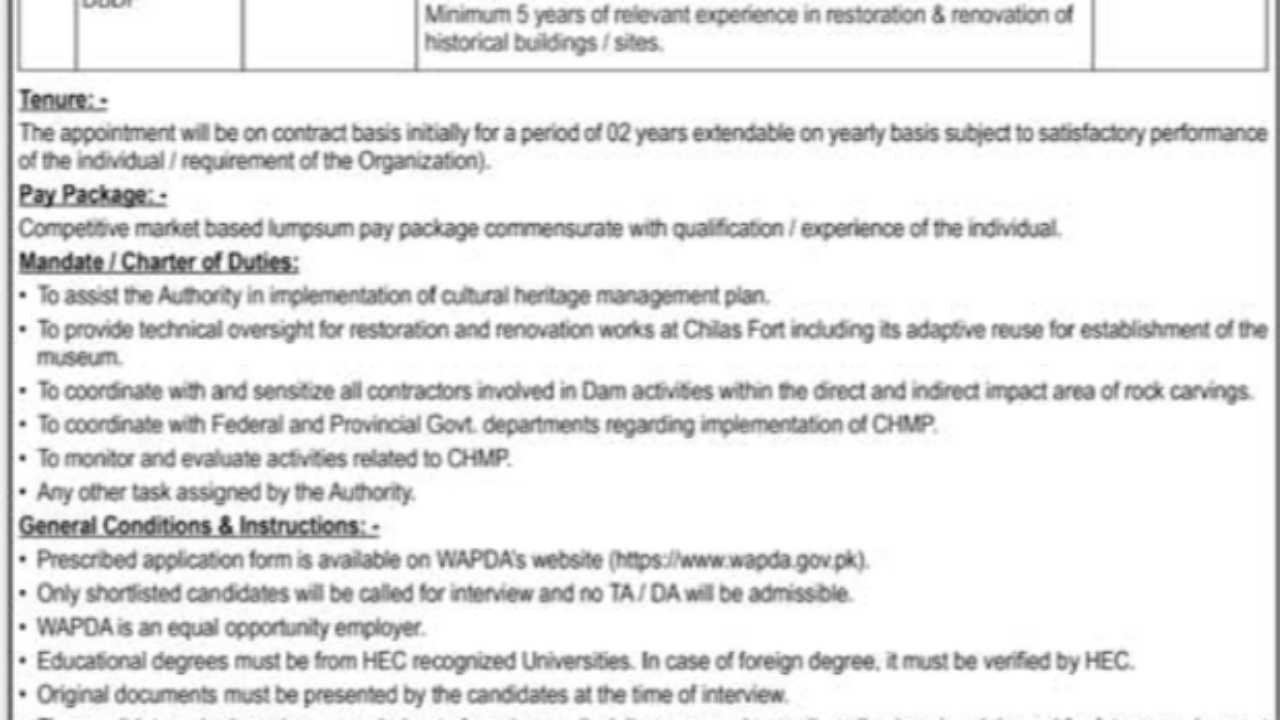 WAPDA Management Jobs 2026 in Lahore – Advisor Cultural Heritage Position