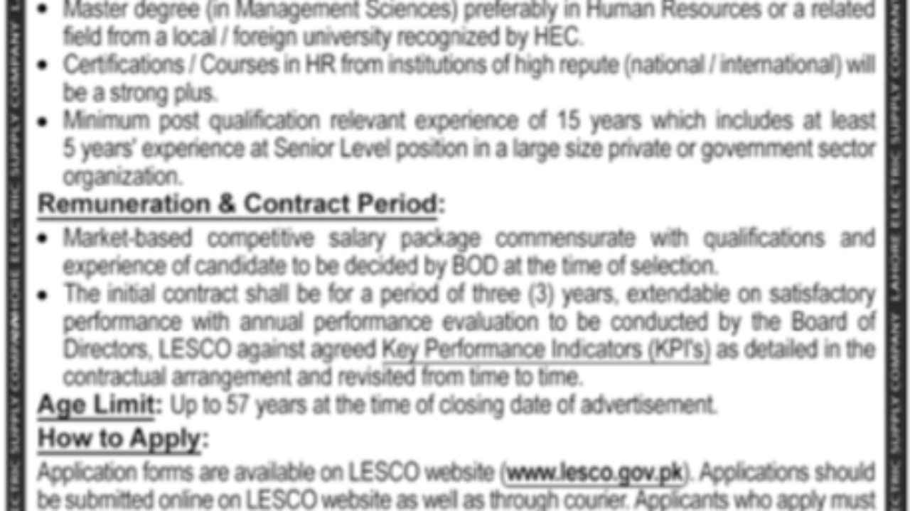 Latest Government Job in Lahore 2026 – Chief Human Resource Career Planning Officer at LESCO