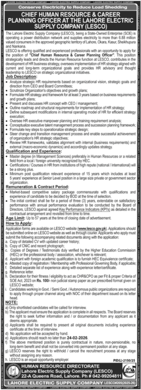 Latest Government Job in Lahore 2026 – Chief Human Resource Career Planning Officer at LESCO
