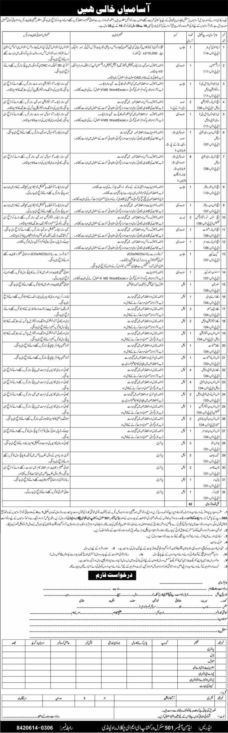 Latest 501 Central Workshop EME Jobs in Rawalpindi 2026 – Apply for Technical & Support Staff Positions