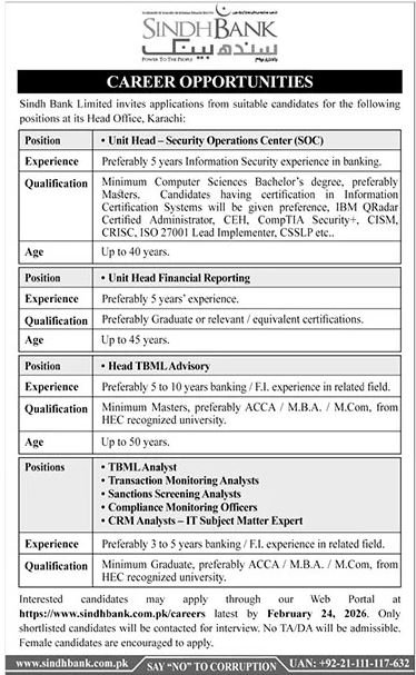 Latest Sindh Bank Jobs in Karachi 2026 – Apply for Unit Head & Analyst Positions