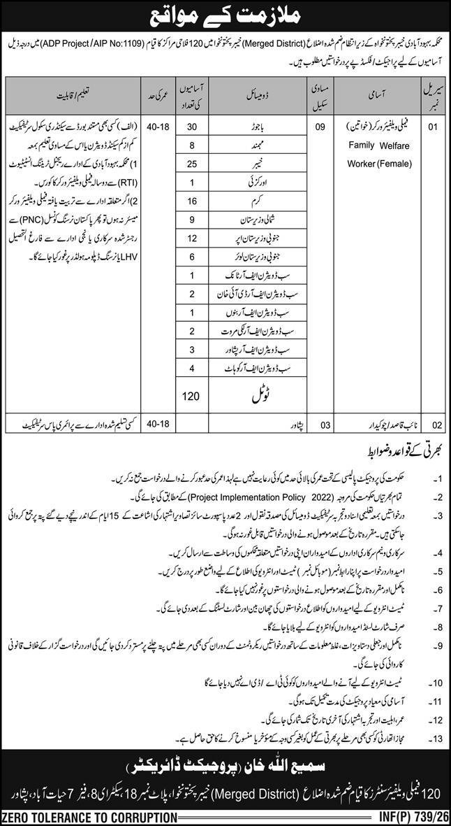 Population Welfare Department Jobs 2026 in Peshawar – Family Welfare Worker & Naib Qasid Vacancies