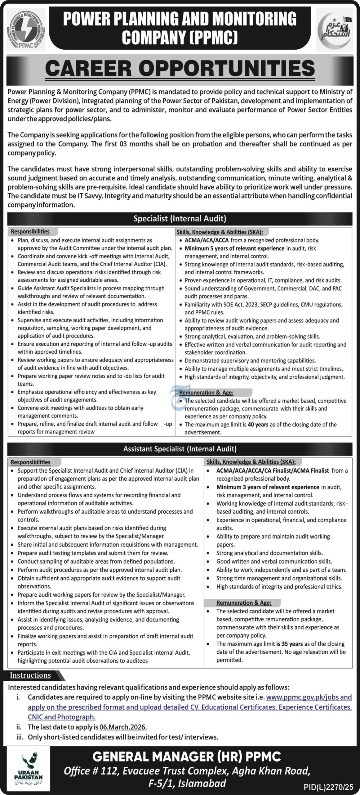 Power Planning and Monitoring Company Jobs 2026 – Internal Audit Vacancies in Islamabad