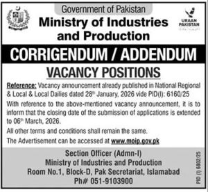 Ministry of Industries and Production Jobs 2026 – Management & Specialist Positions in Islamabad
