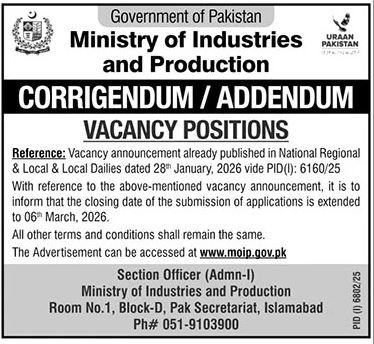 Ministry of Industries and Production Jobs 2026 – Management & Specialist Positions in Islamabad