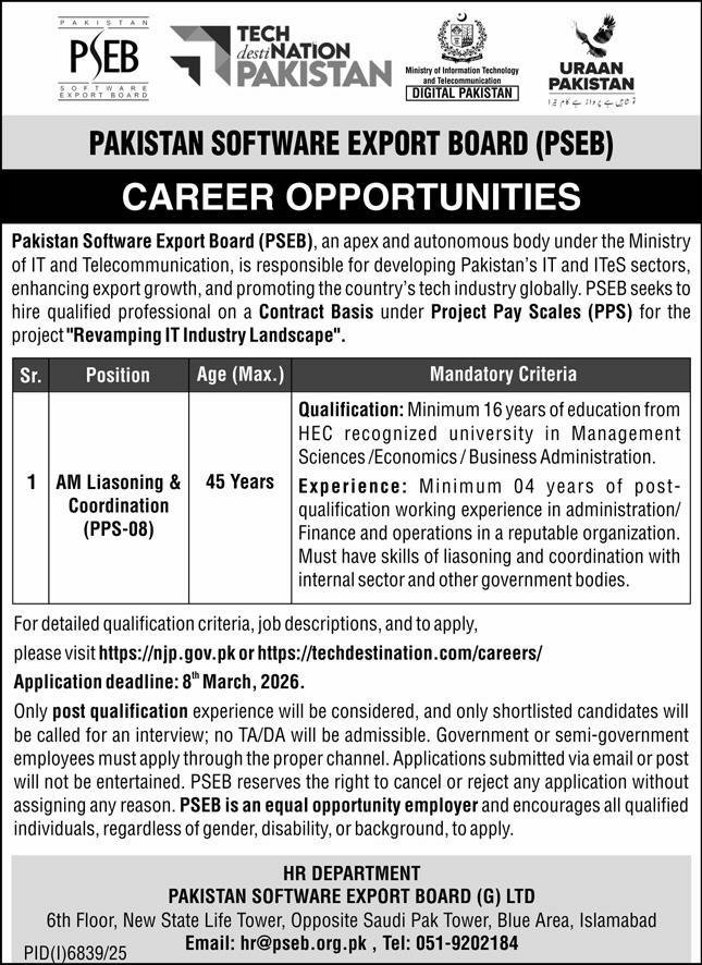 Pakistan Software Export Board (PSEB) Jobs 2026 – Management Vacancies in Islamabad