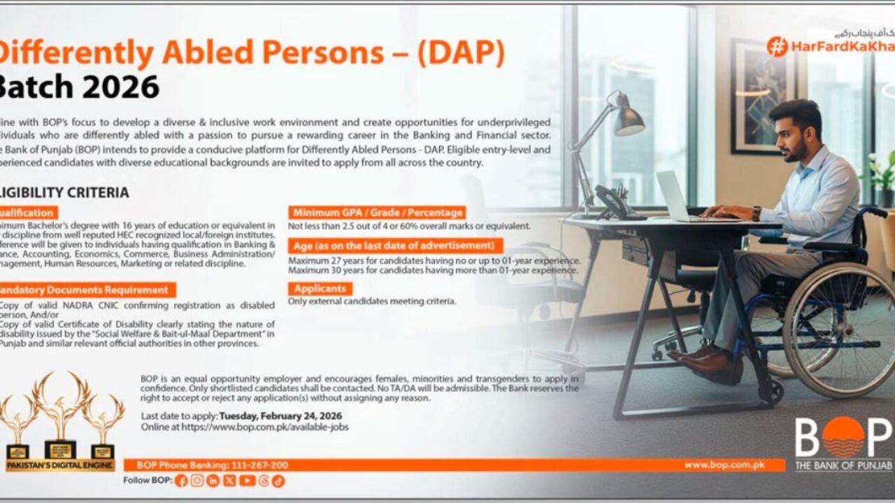 The Bank of Punjab (BOP) Jobs 2026 – Differently Abled Person (DAP) Position in Lahore