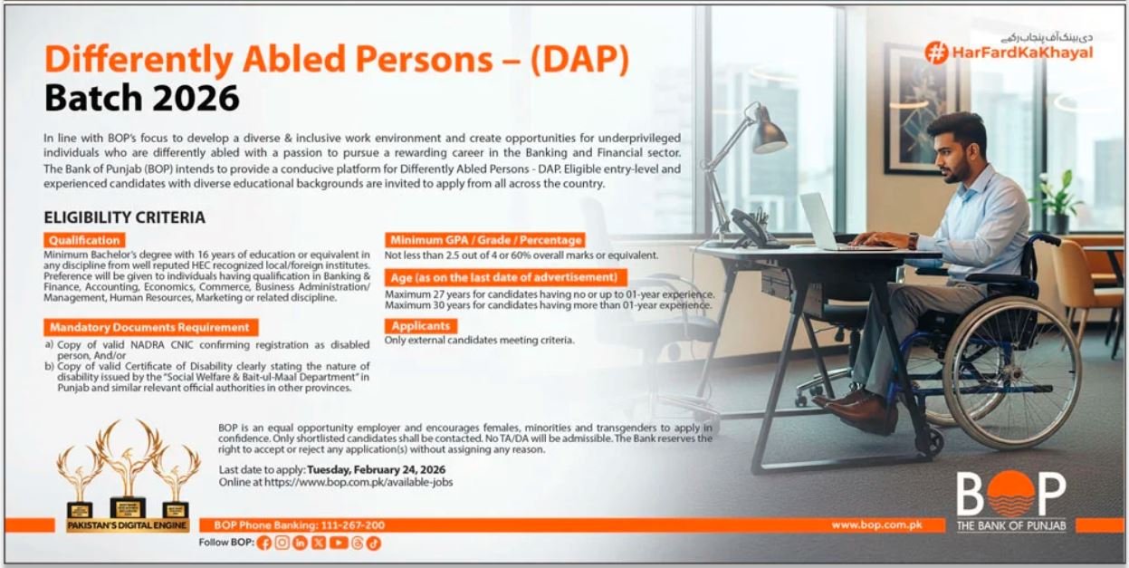 The Bank of Punjab (BOP) Jobs 2026 – Differently Abled Person (DAP) Position in Lahore