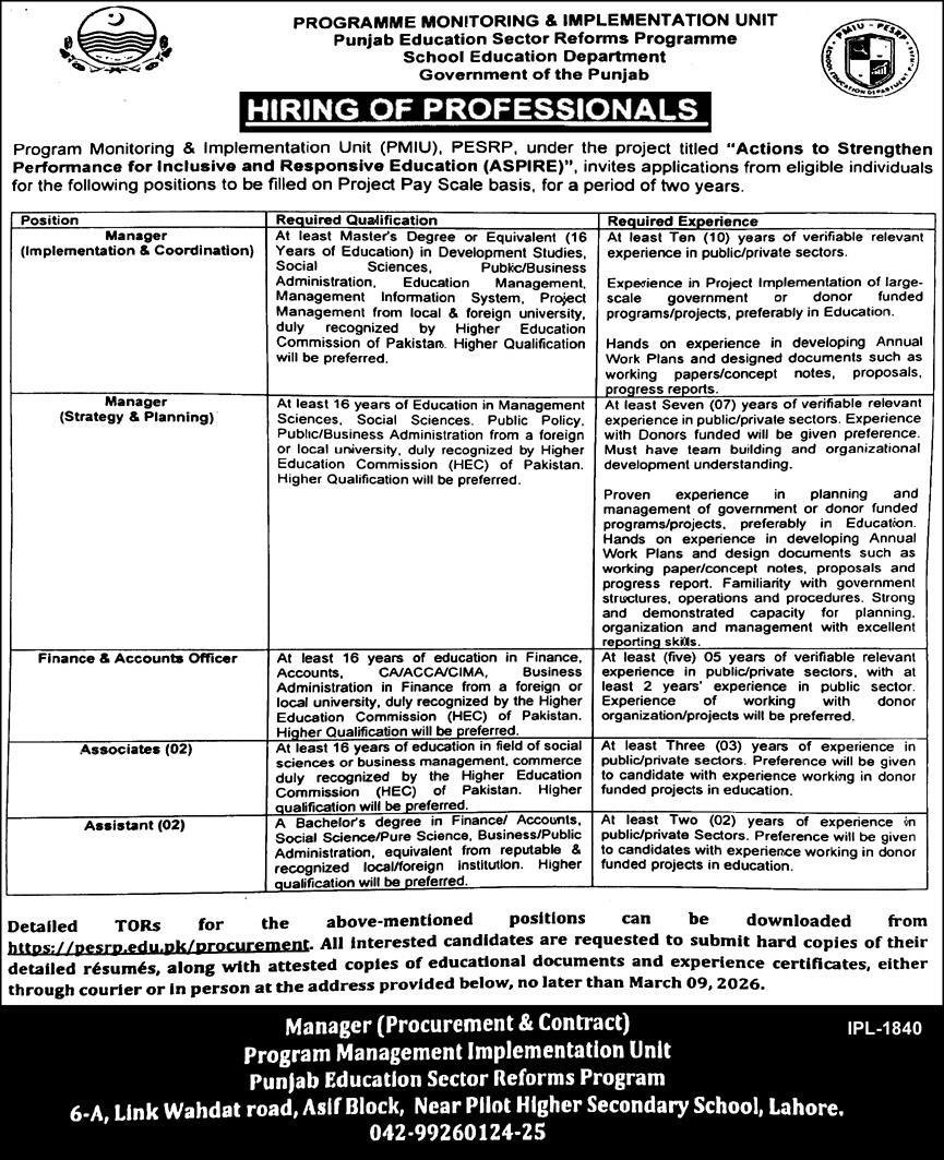 School Education Department Lahore Jobs 2026 – Management & Finance Positions