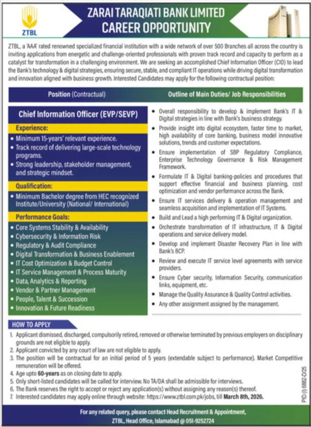 Chief Information Officer (CIO) Job 2026 – Zarai Taraqiati Bank Limited (ZTBL), Islamabad