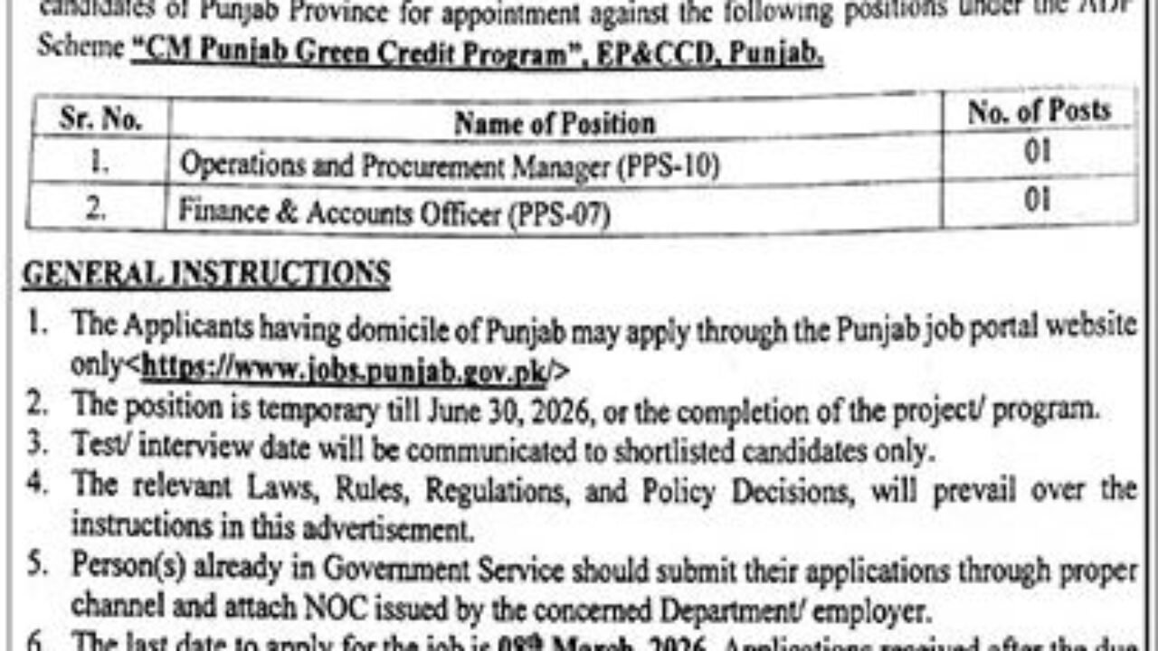 CM Punjab Green Credit Program Jobs 2026 – Operations & Procurement Manager and Finance & Accounts Officer in Lahore