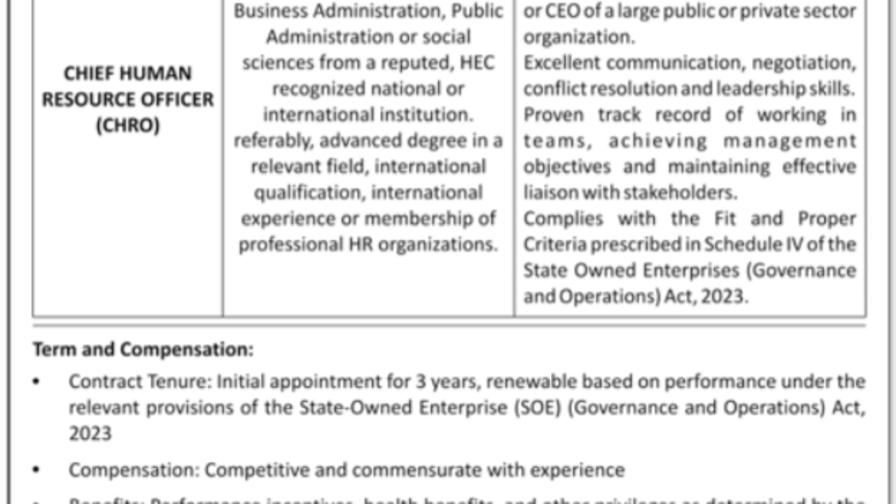 Chief Human Resource Officer (CHRO) Job 2026 in Karachi – Public Sector Leadership Role