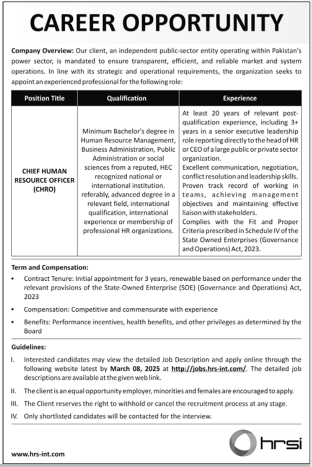 Chief Human Resource Officer (CHRO) Job 2026 in Karachi – Public Sector Leadership Role
