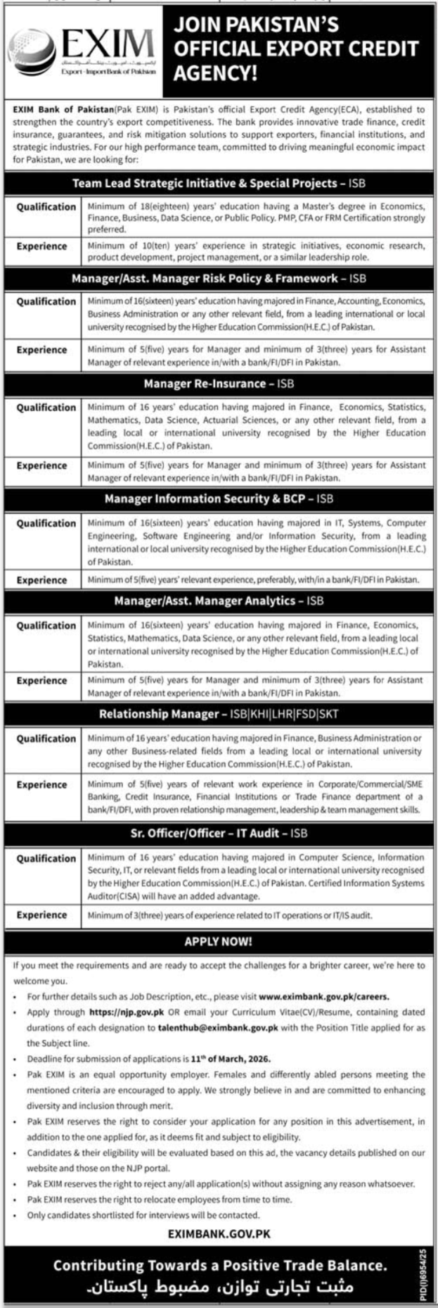 Exim Bank of Pakistan Jobs 2026 – Relationship Manager, Risk, IT & Analytics Positions