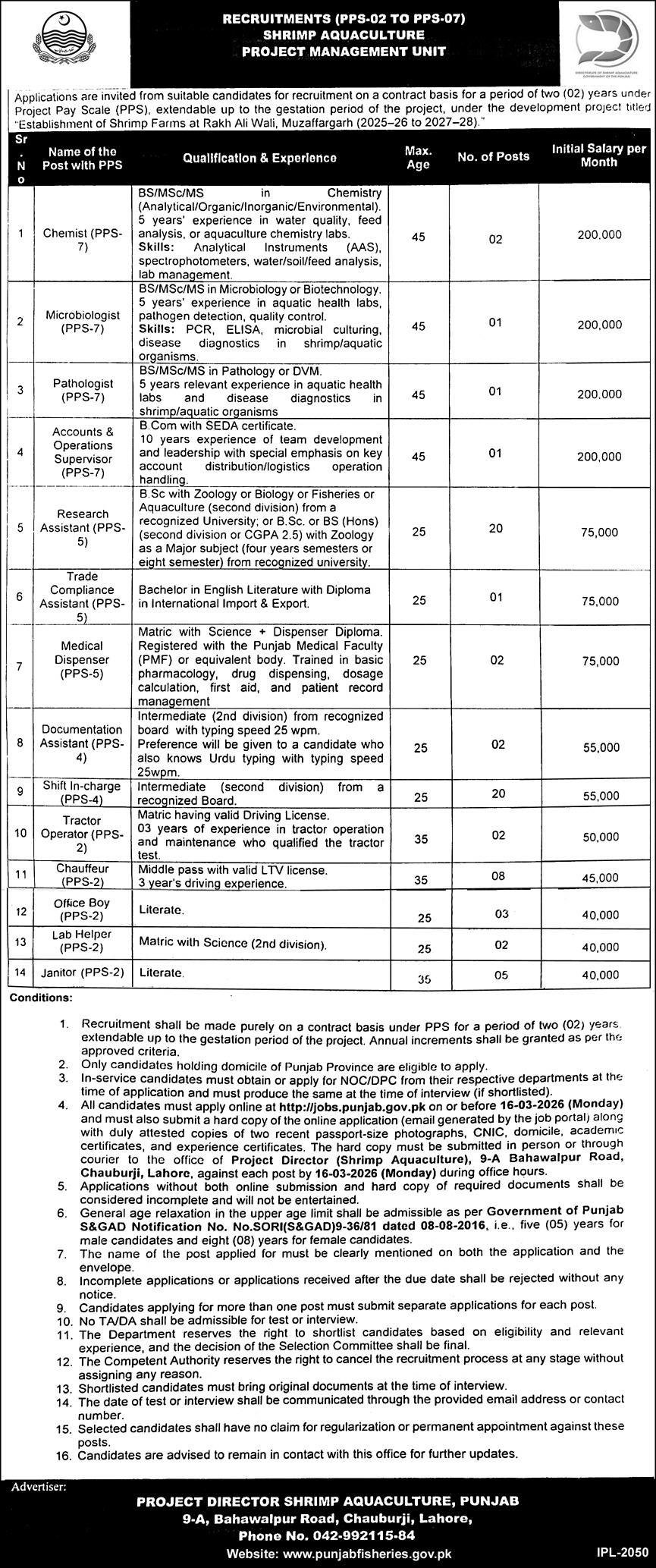 Fisheries Department Punjab Jobs 2026 – Shrimp Aquaculture Project Vacancies in Lahore & Muzaffargarh