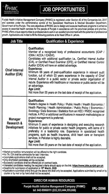 PHIMC Jobs 2026 in Lahore – Manager Research & Development and Chief Internal Auditor