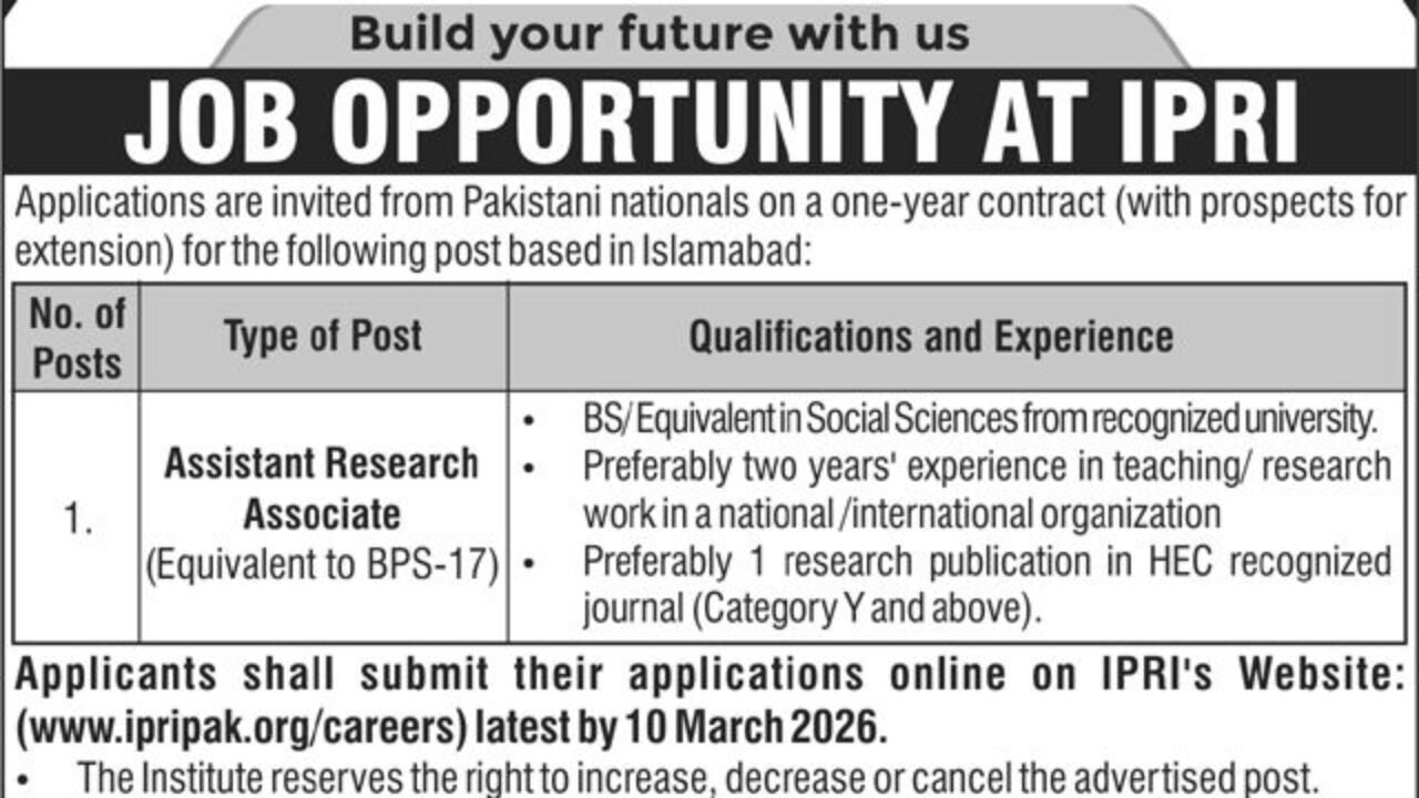 Islamabad Policy Research Institute (IPRI) Jobs 2026 – Assistant Research Associate Position in Islamabad