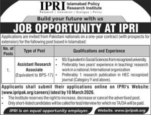 Islamabad Policy Research Institute (IPRI) Jobs 2026 – Assistant Research Associate Position in Islamabad