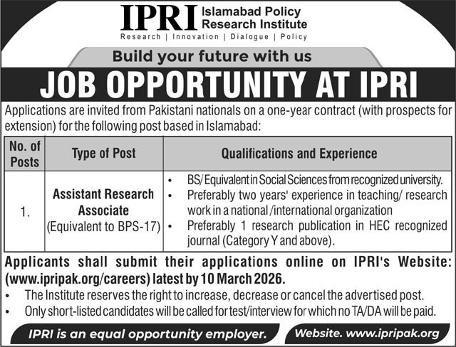 Islamabad Policy Research Institute (IPRI) Jobs 2026 – Assistant Research Associate Position in Islamabad