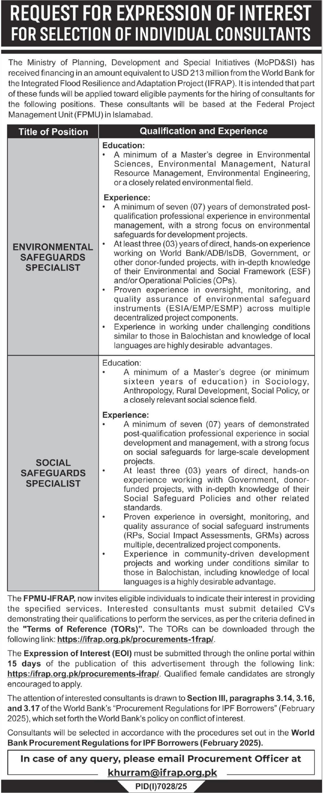 IFRAP Jobs 2026 in Islamabad – Environmental & Social Safeguards Specialist Positions
