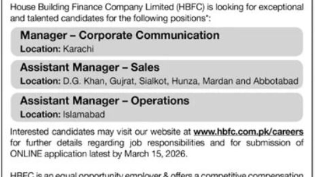 House Building Finance Company Limited (HBFCL) Jobs 2026 – Management & Corporate Positions in Karachi