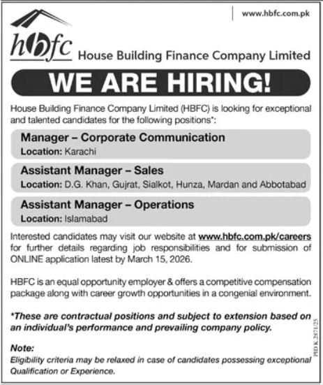 House Building Finance Company Limited (HBFCL) Jobs 2026 – Management & Corporate Positions in Karachi