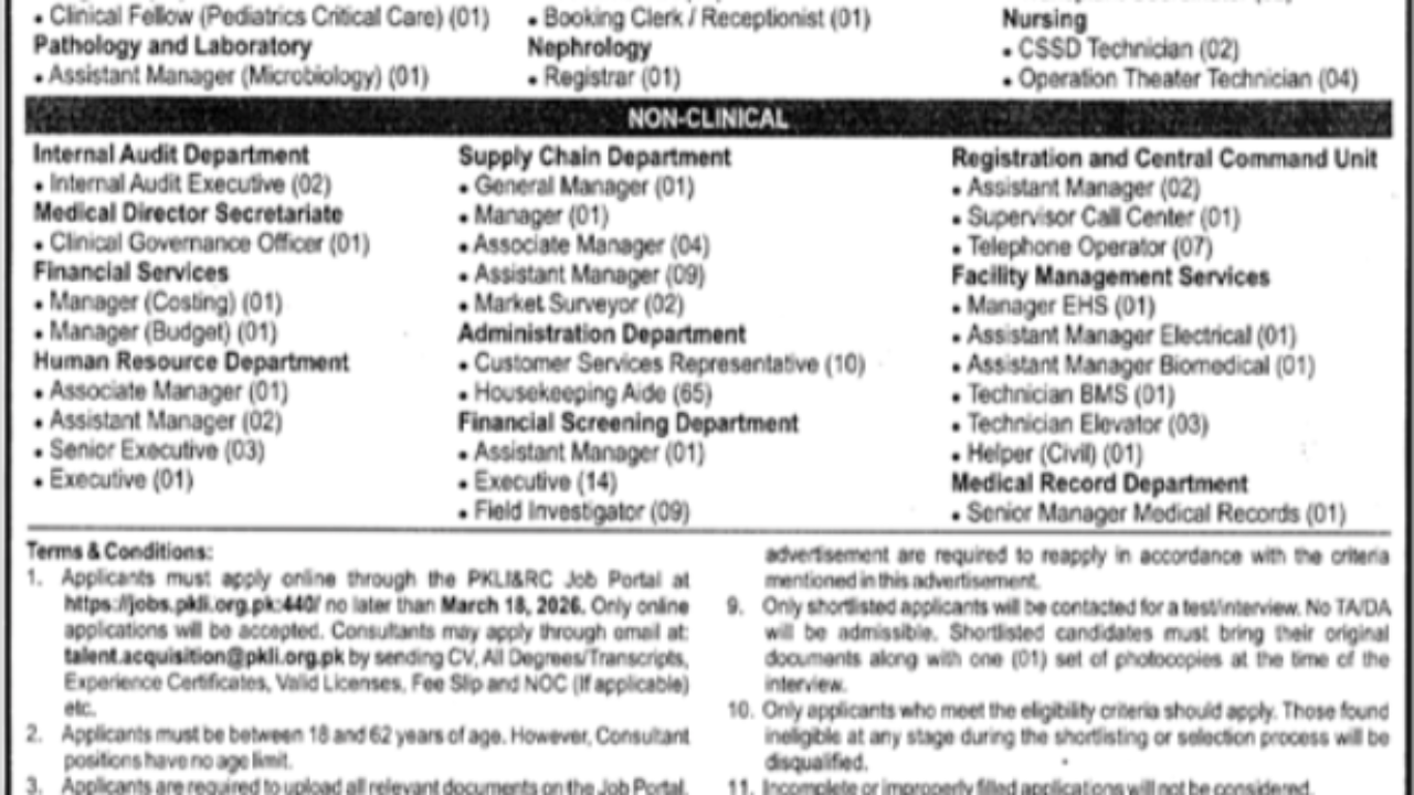 PKLI Lahore Jobs 2026 – Management, Medical & Technical Staff Required