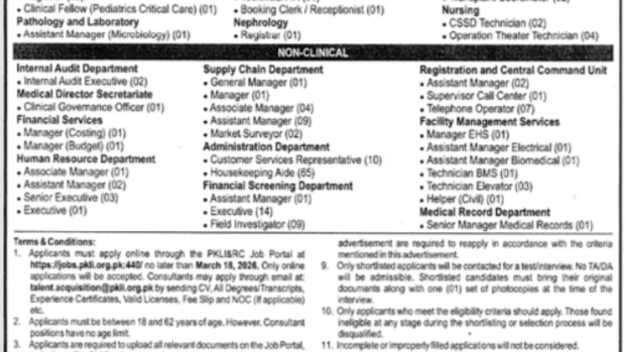 PKLI Lahore Jobs 2026 – Multiple Medical, Technical & Management Vacancies
