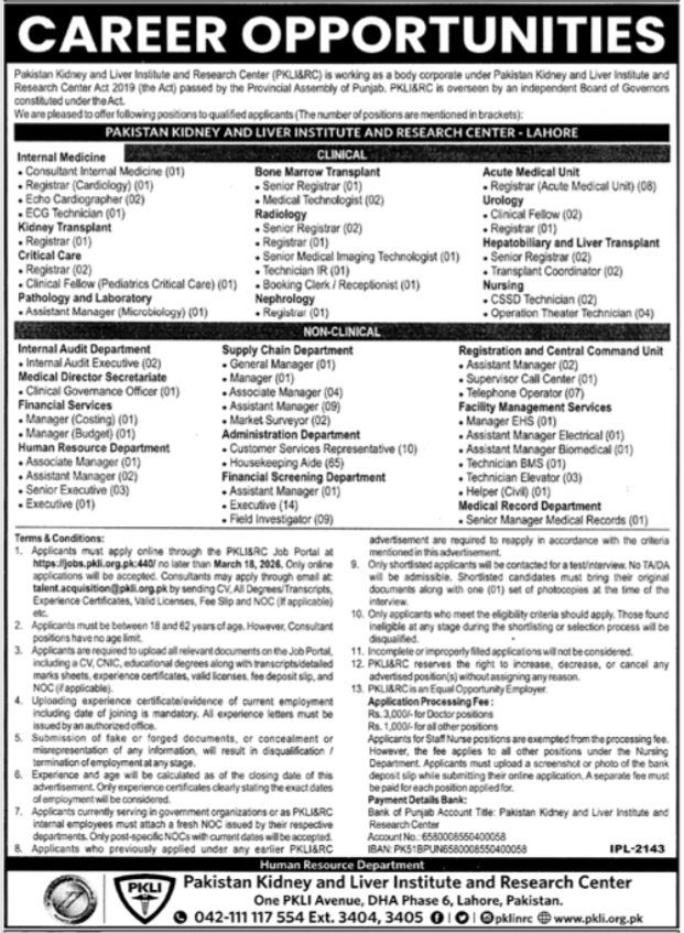 PKLI Lahore Jobs 2026 – Multiple Medical, Technical & Management Vacancies