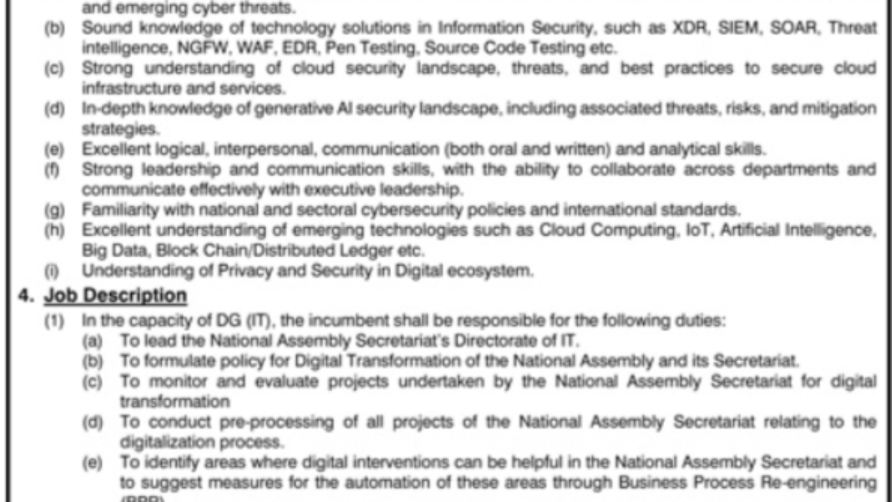 National Assembly Secretariat Jobs 2026 – Director General (IT) / Chief Information Security Officer (MP-II)