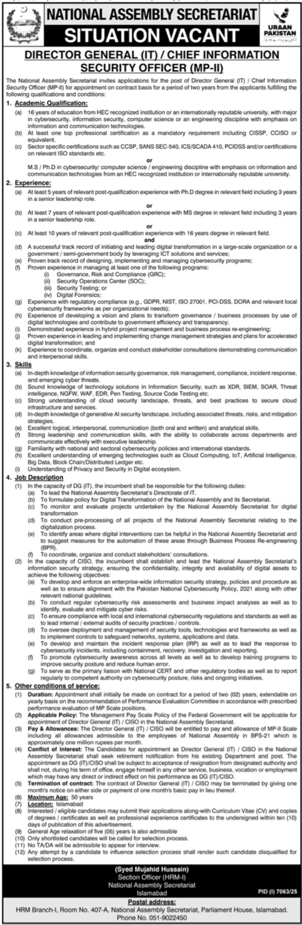 National Assembly Secretariat Jobs 2026 – Director General (IT) / Chief Information Security Officer (MP-II)