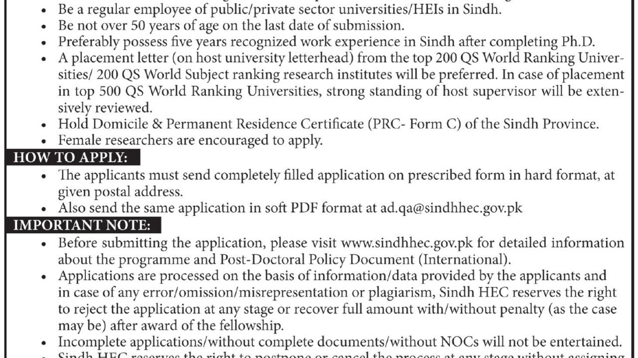 Sindh Higher Education Commission (SHEC) Postdoctoral Fellowships 2026 – Karachi