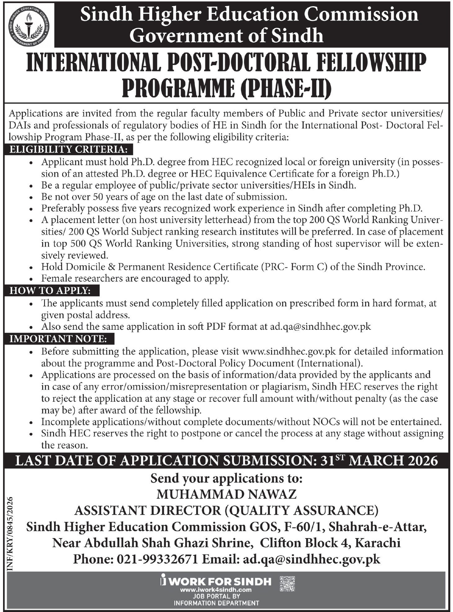 Sindh Higher Education Commission (SHEC) Postdoctoral Fellowships 2026 – Karachi