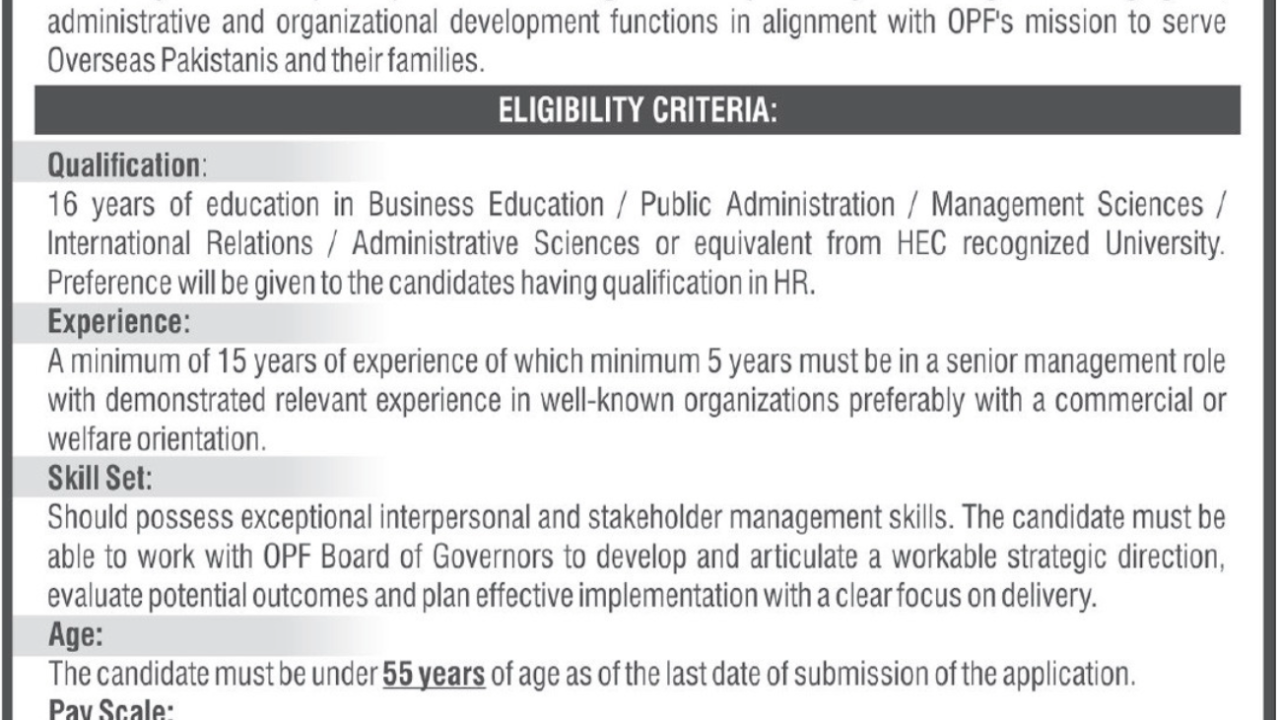 Overseas Pakistanis Foundation OPF Islamabad Jobs 2026 – Director General Vacancies (Apply Before 18 March 2026)