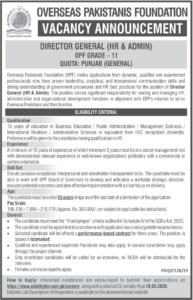 Overseas Pakistanis Foundation OPF Islamabad Jobs 2026 – Director General Vacancies (Apply Before 18 March 2026)